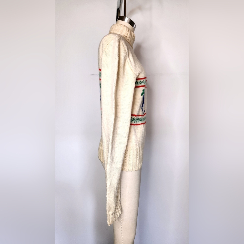 Vintage SKI Knit Sweater - Folklore Sweater - Novelty Knit Skiing Wool 70s XS S - Picture 5 of 8
